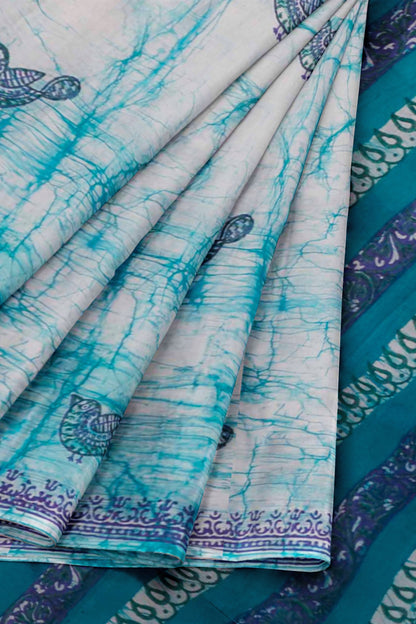 Light Blue Jaipur Cotton Little Birds Print Saree