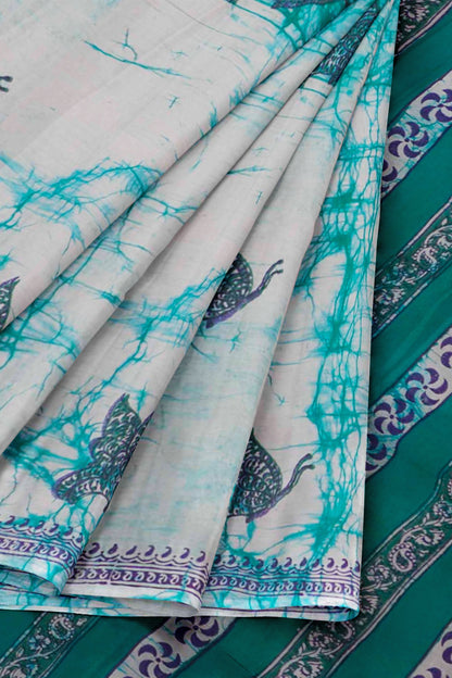 Light Blue Jaipur Cotton Green Butterfly Mango Border Saree