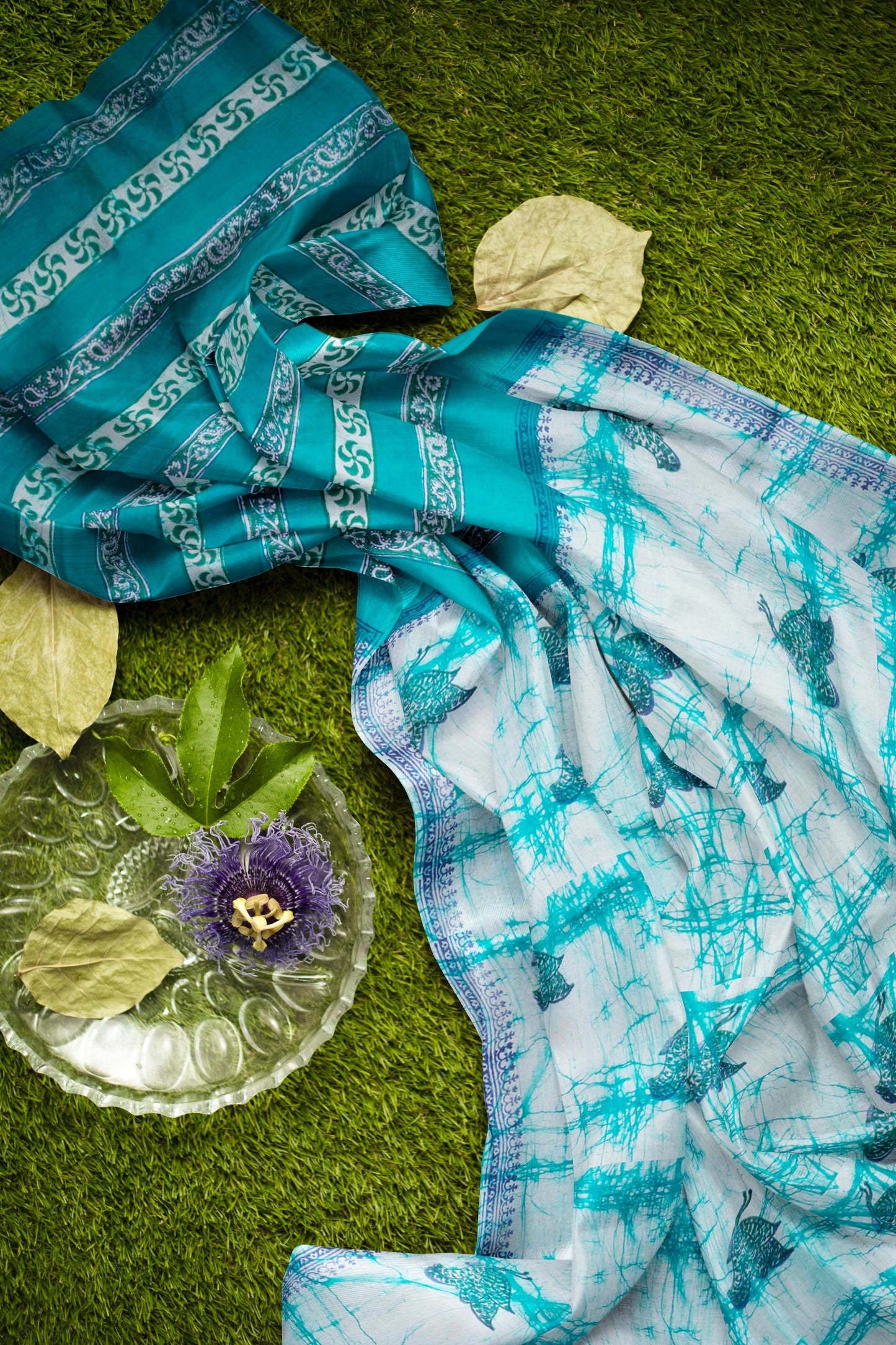 Light Blue Jaipur Cotton Green Blue Butterfly Print Saree