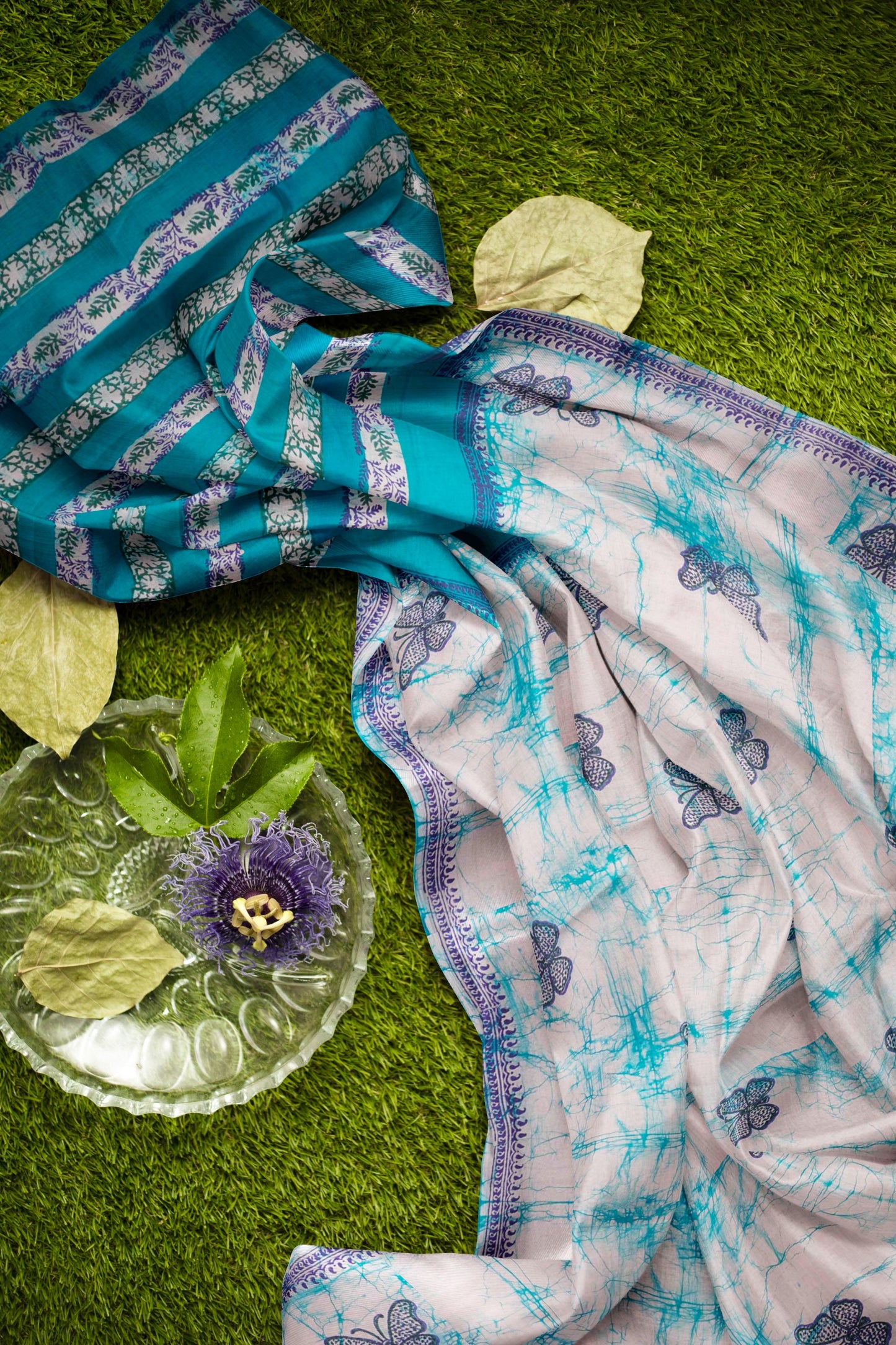 Light Blue Jaipur Cotton Green Butterfly Print Saree