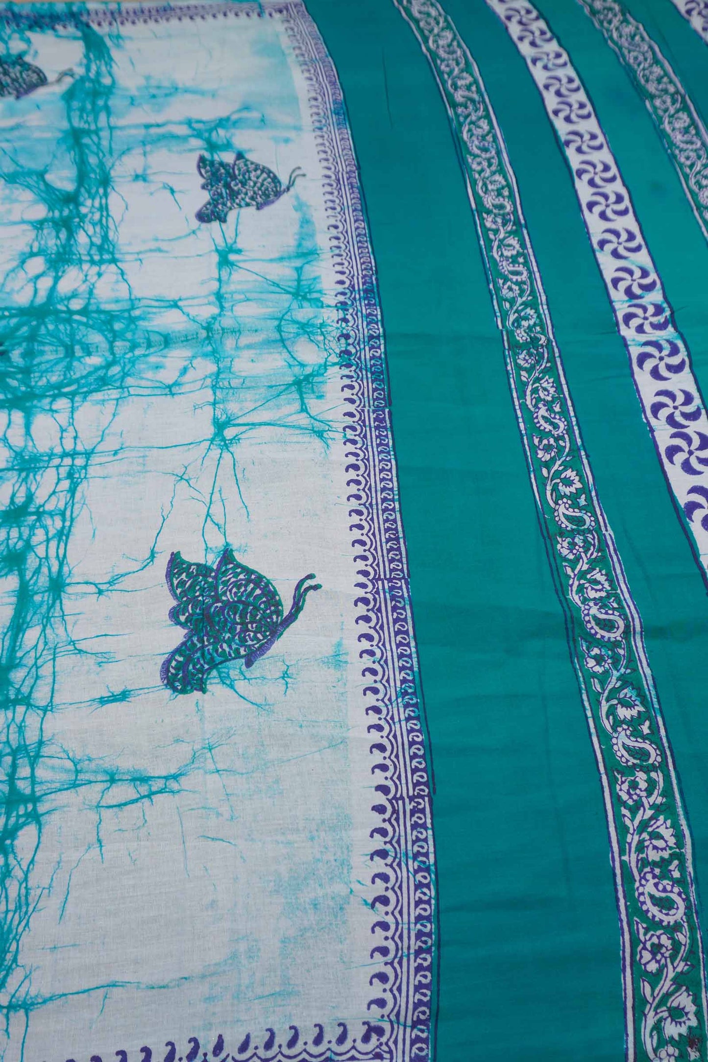 Light Blue Jaipur Cotton Green Butterfly Mango Border Saree