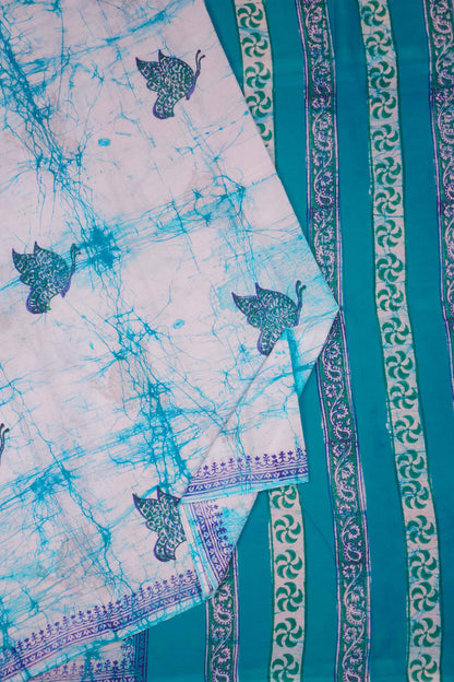 Light Blue Jaipur Cotton Green Blue Butterfly Print Saree