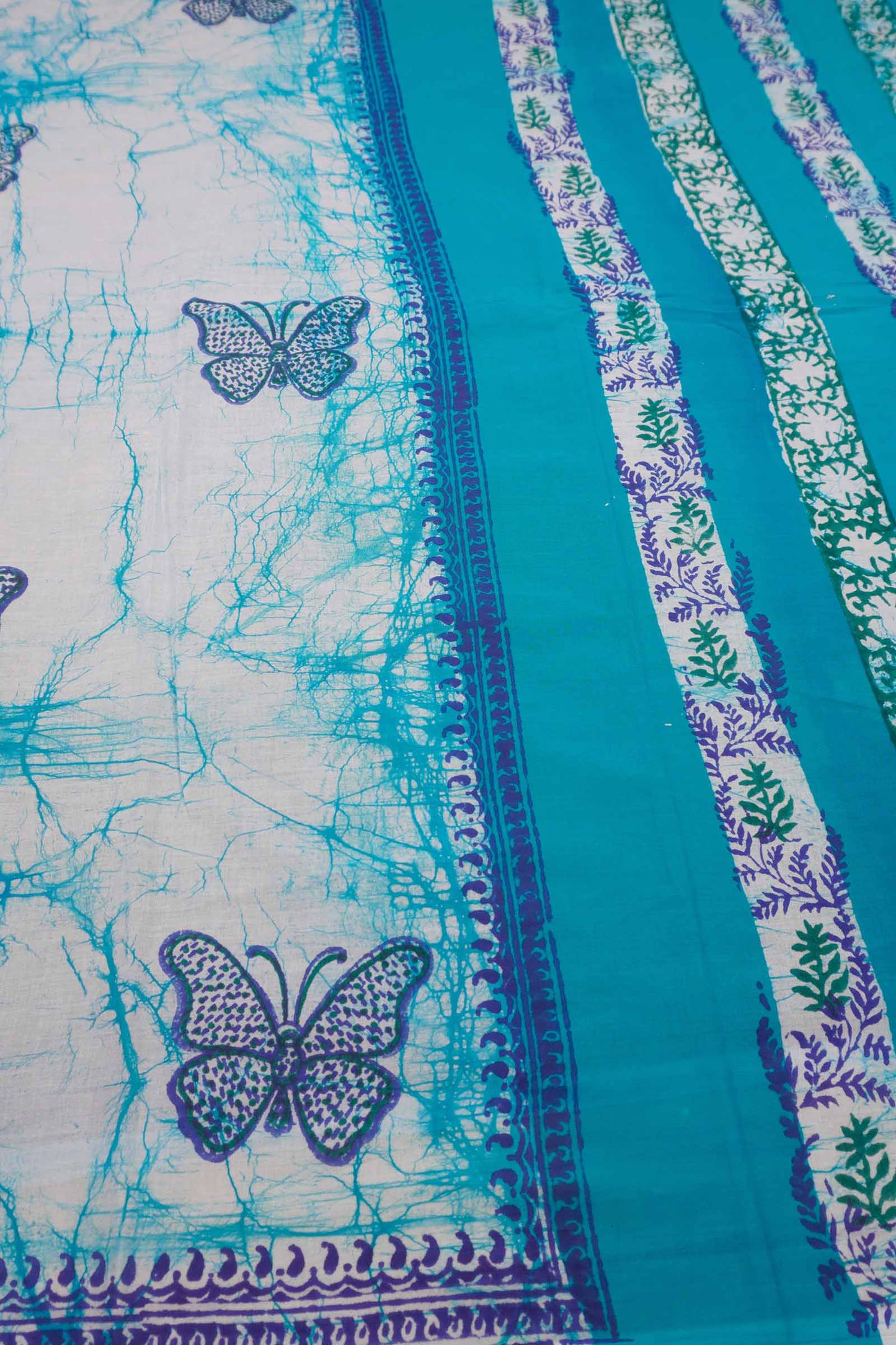 Light Blue Jaipur Cotton Green Butterfly Print Saree