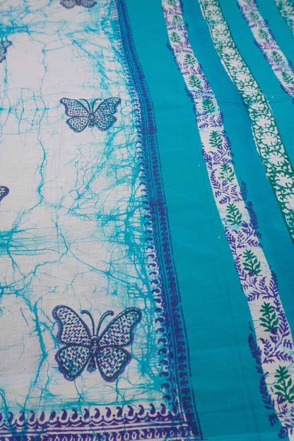 Light Blue Jaipur Cotton Green Butterfly Print Saree