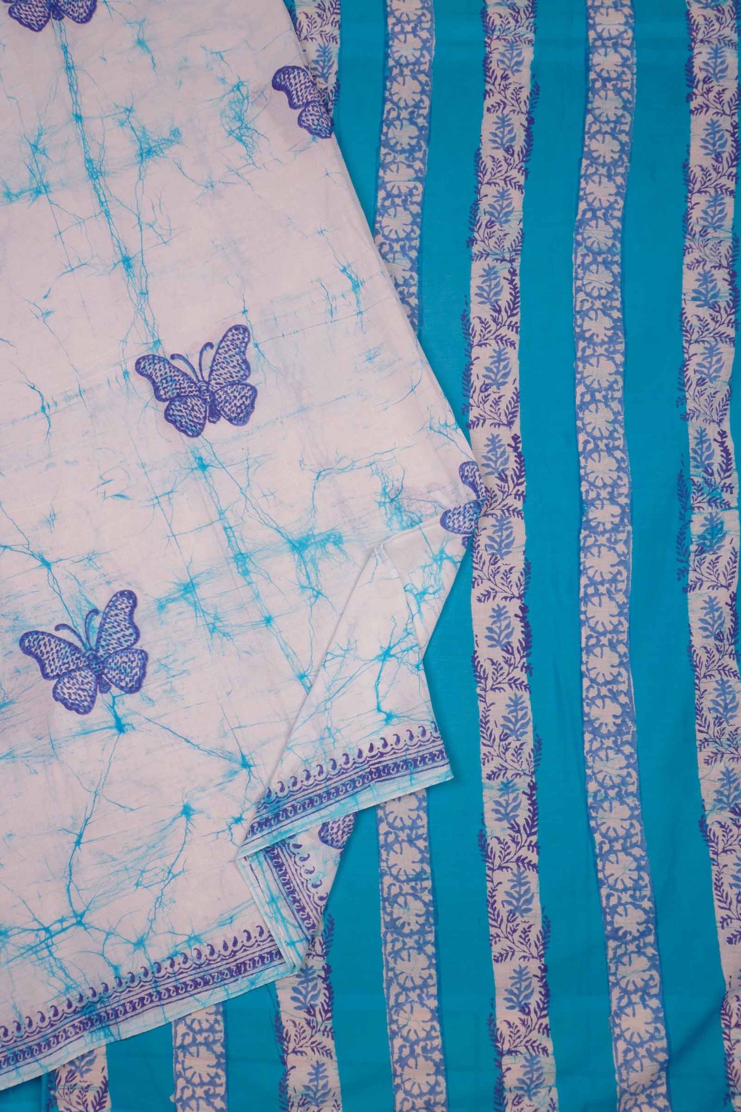 Light Blue Jaipur Cotton Batik Butterflies Saree