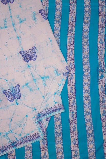 Light Blue Jaipur Cotton Batik Butterflies Saree