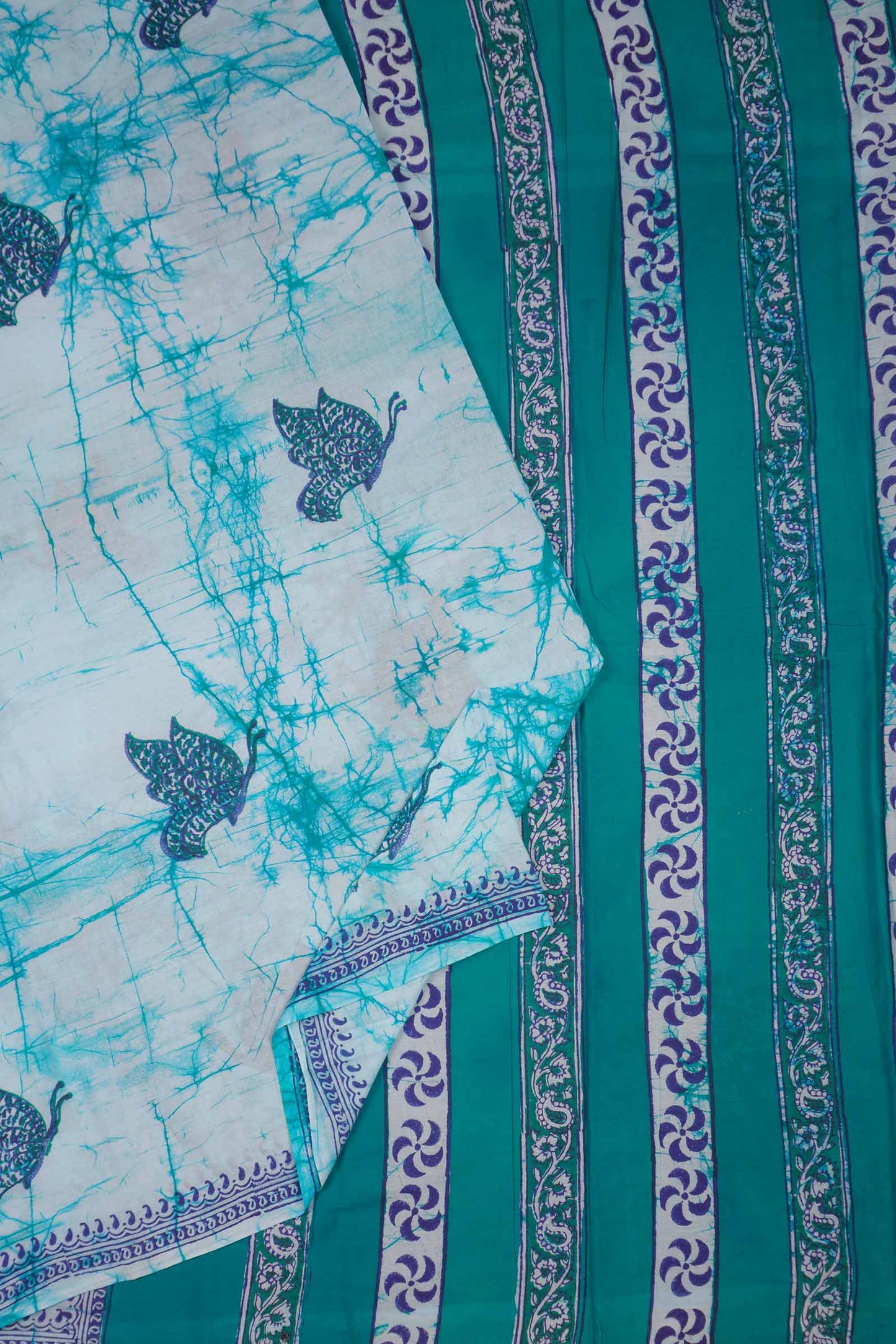 Light Blue Jaipur Cotton Green Butterfly Mango Border Saree