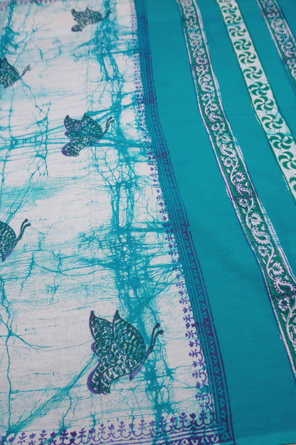 Light Blue Jaipur Cotton Green Blue Butterfly Print Saree