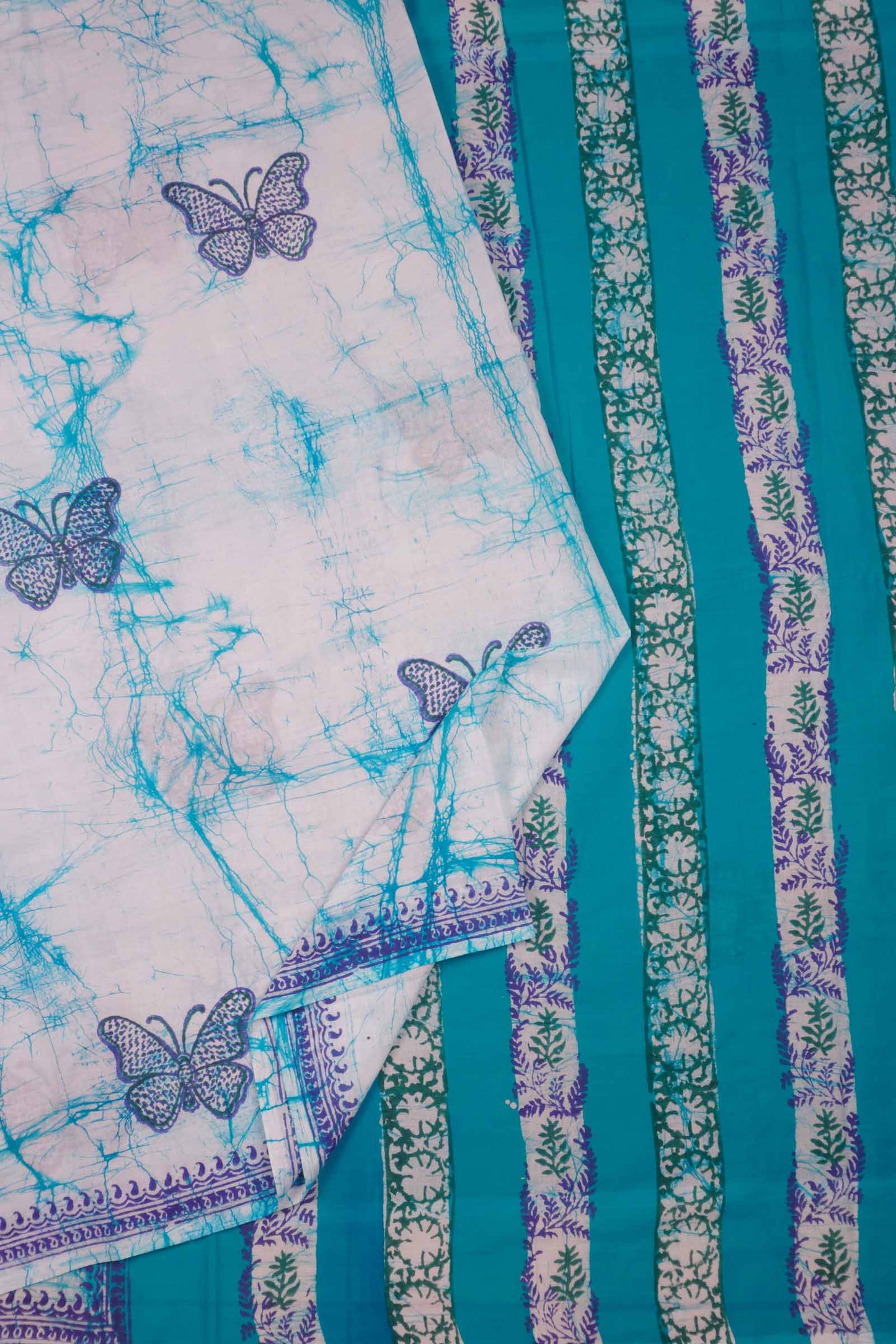 Light Blue Jaipur Cotton Green Butterfly Print Saree