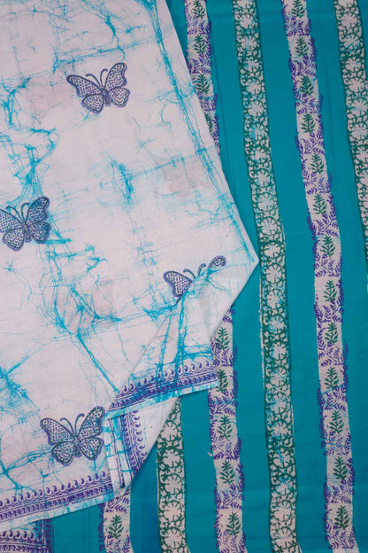 Light Blue Jaipur Cotton Green Butterfly Print Saree