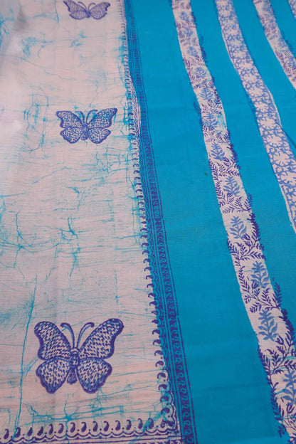 Light Blue Jaipur Cotton Batik Butterflies Saree
