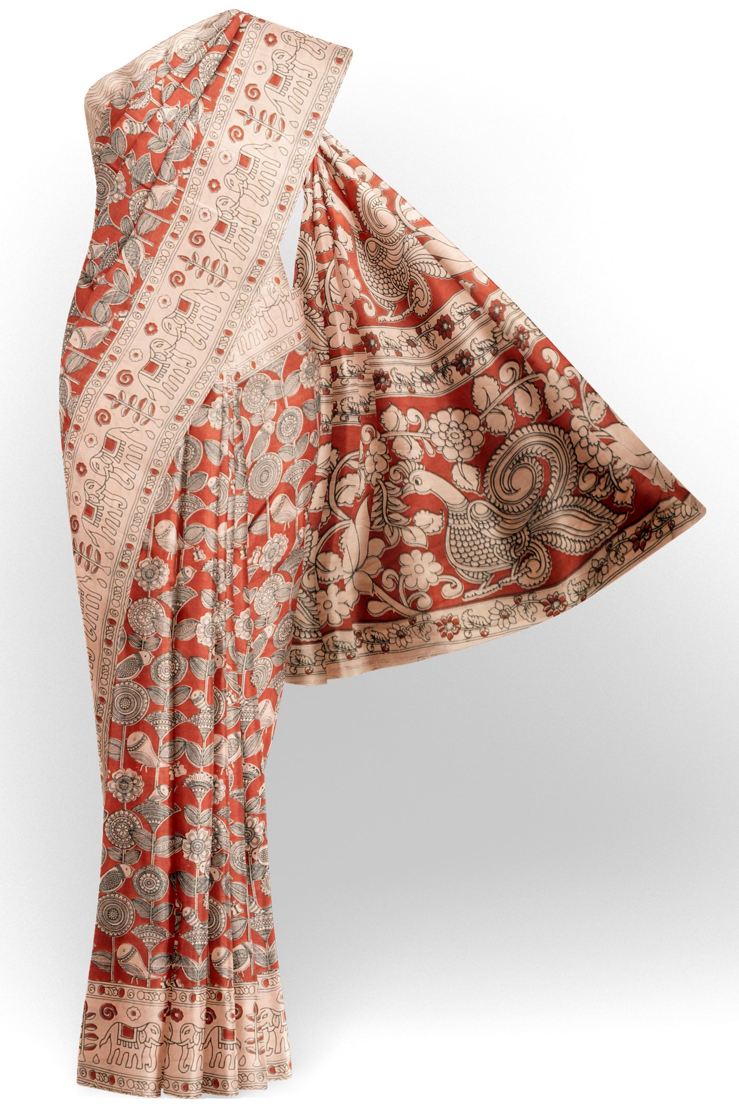 Maroon Kalamkari Pure Cotton Floral Print Peacock Pallu Saree