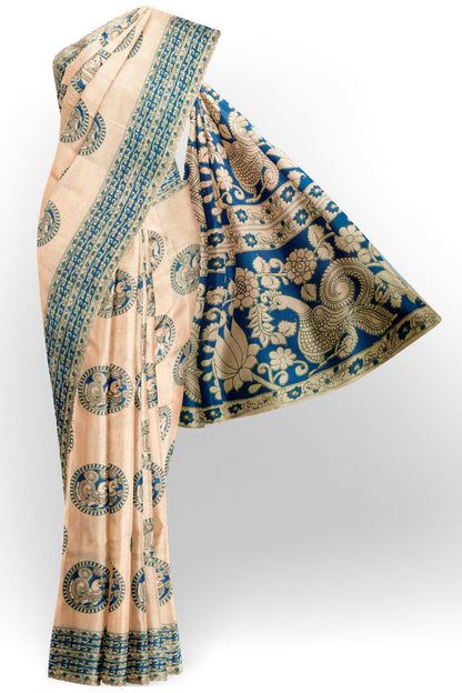 Off White Kalamkari Pure Cotton Peacock Chakra Saree