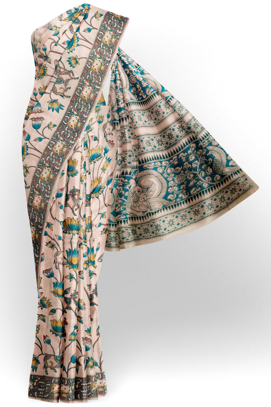 Off White Kalamkari Pure Cotton Lotus Print Peacock Pallu Saree