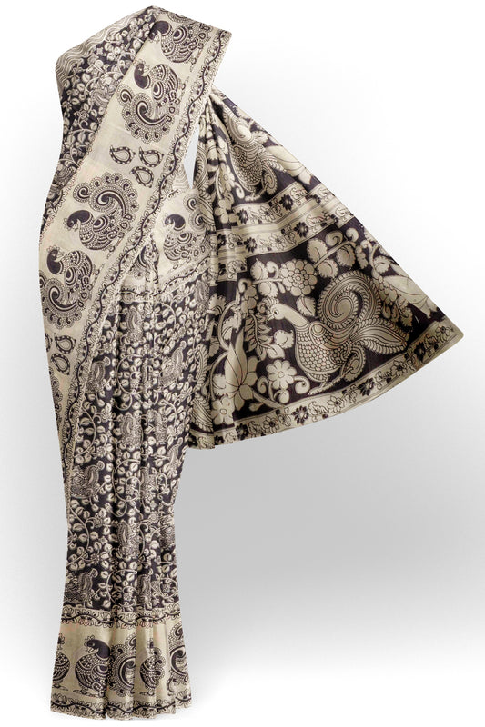 Black Kalamkari Pure Cotton Kalamkari Florals Peacock Border Pallu Saree