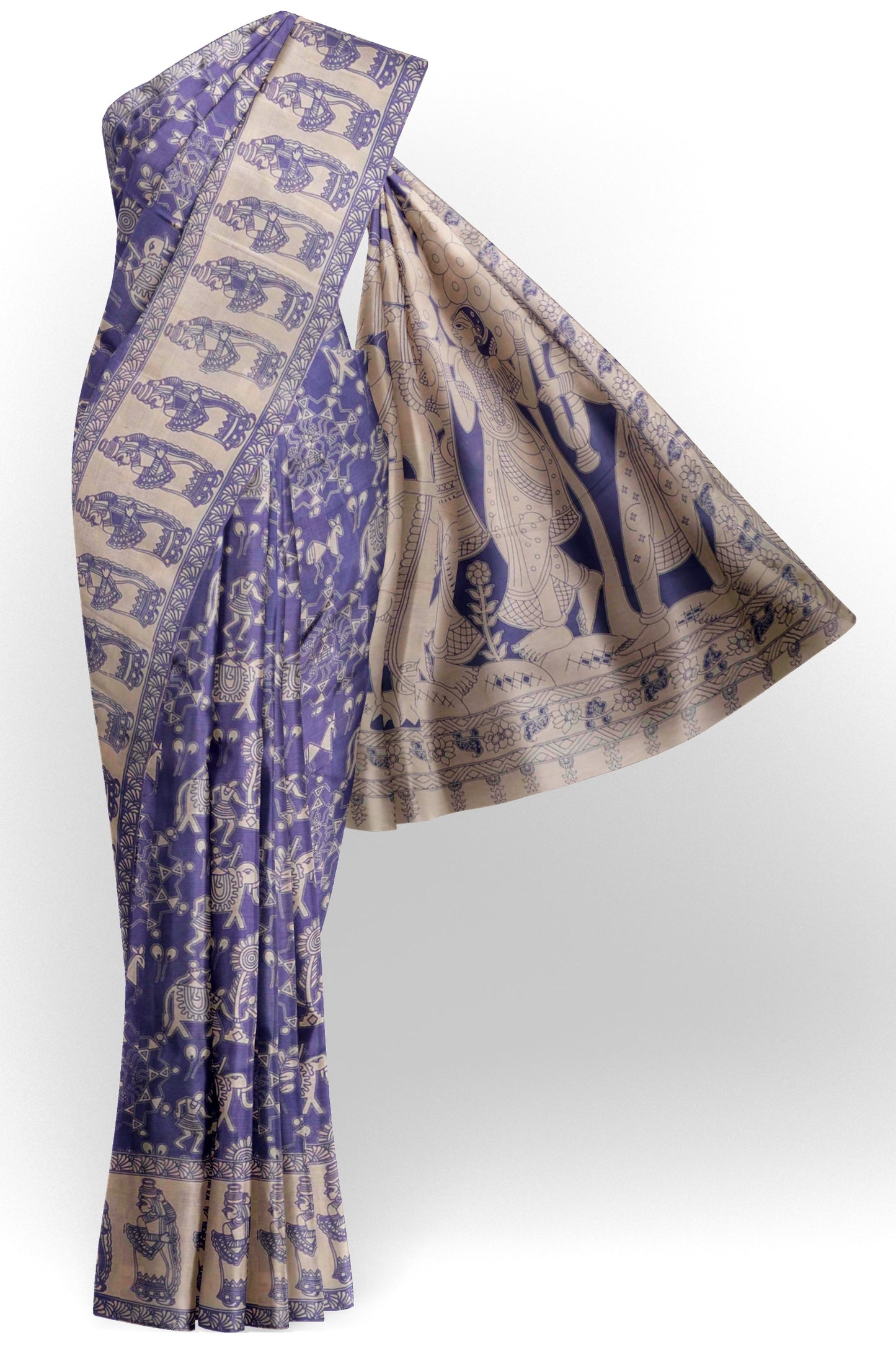 Violet Kalamkari Pure Cotton Warli Style Print  Saree
