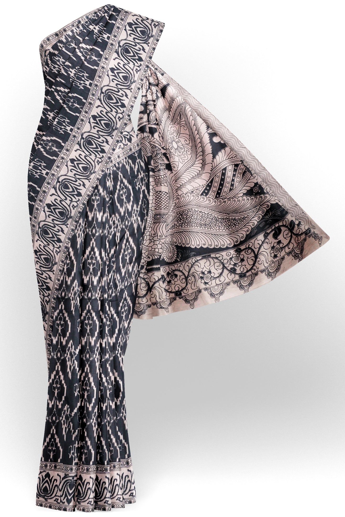 Black Kalamkari Pure Cotton Ikkat Style Print Peacock Pallu Saree