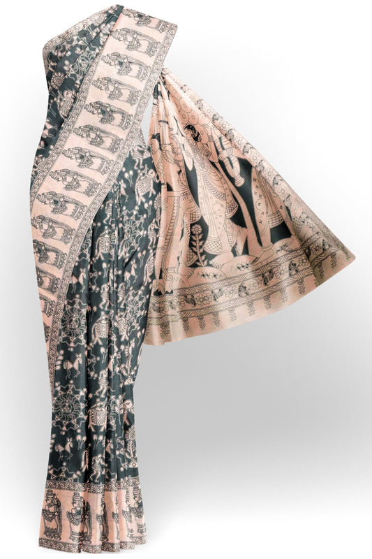 Black Kalamkari Pure Cotton Warli Inspired Print  Saree