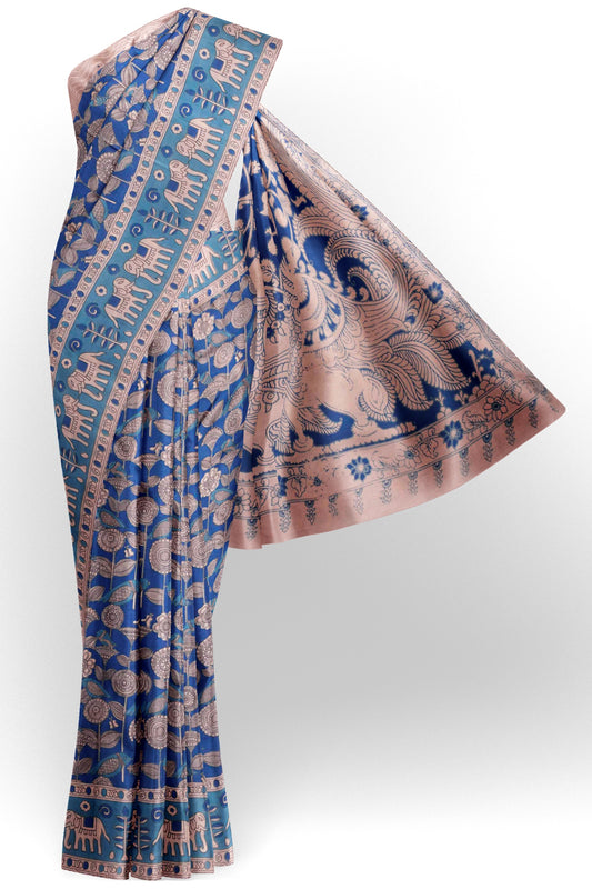 Blue Kalamkari Pure Cotton Elephant Border Peacock Pallu Saree