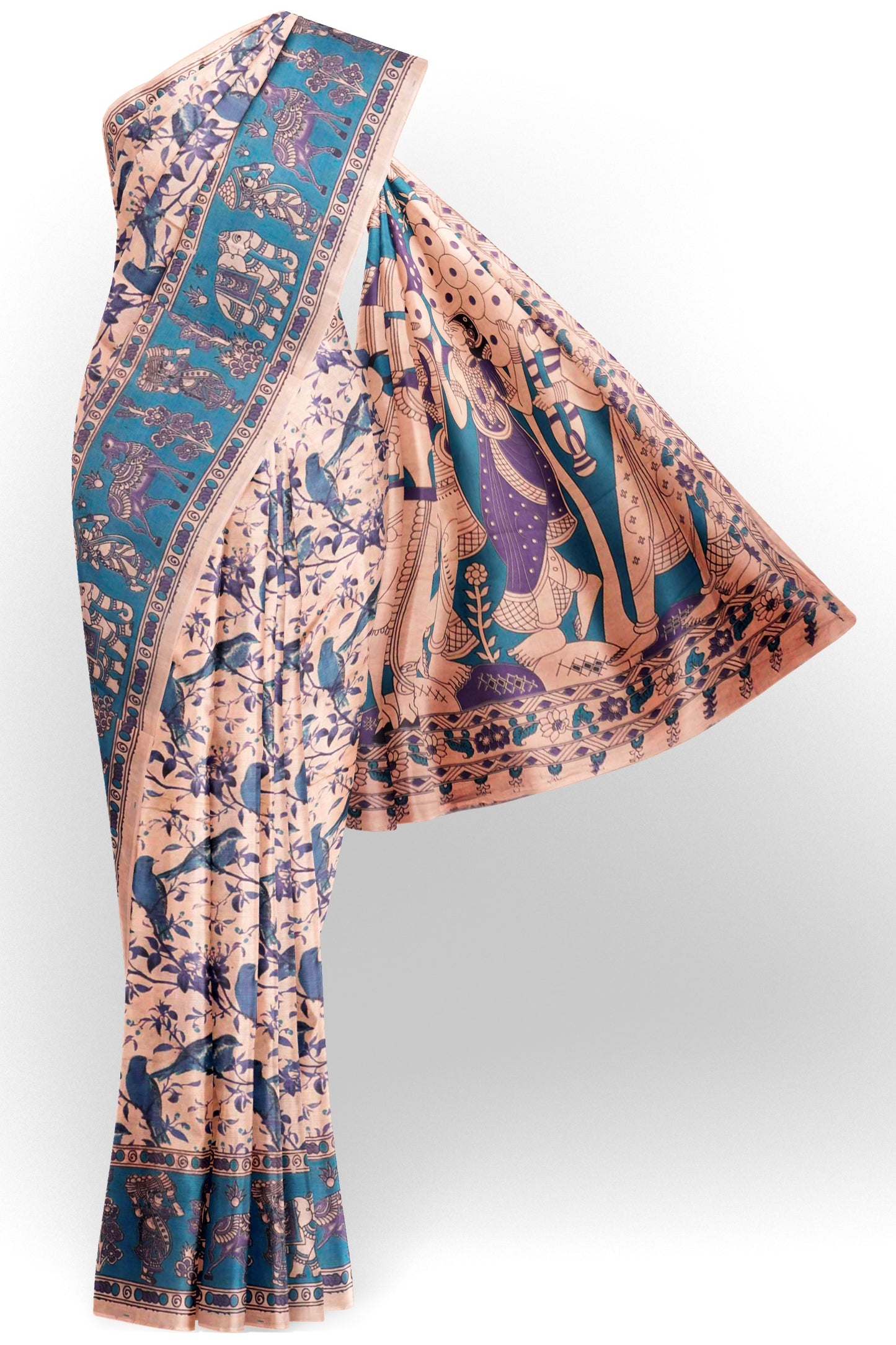 Off White Kalamkari Pure Cotton Elephant Border Ethnic Pallu Saree