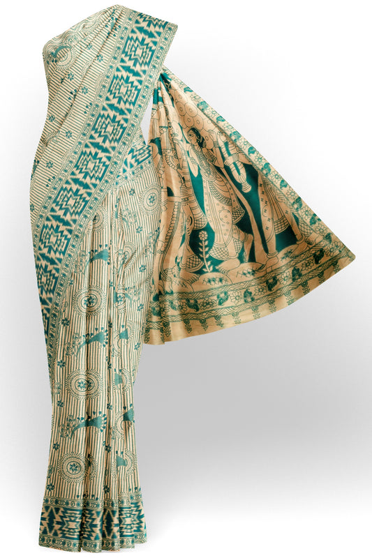 Off White Kalamkari Pure Cotton Chakra Print Vrindhavan Pallu Saree