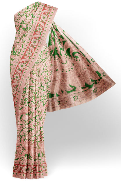 Green Kalamkari Pure Cotton Floral Print Peacock Pallu Saree