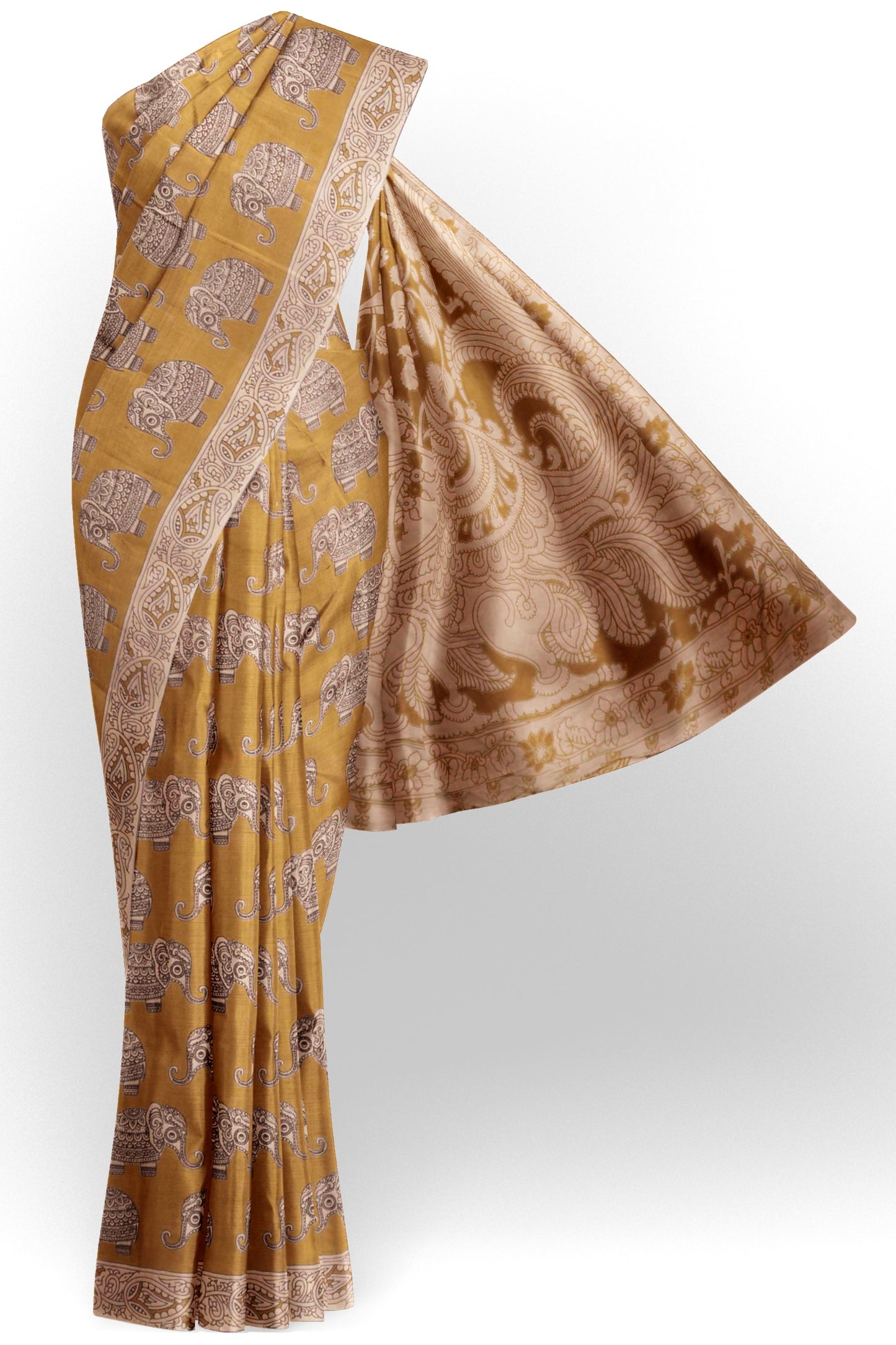 Dark Mustard Yellow Kalamkari Pure Cotton Elephant Print Peacock Pallu Saree
