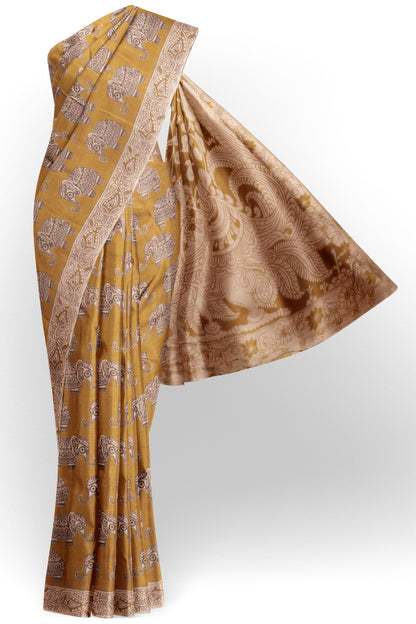 Dark Mustard Yellow Kalamkari Pure Cotton Elephant Print Peacock Pallu Saree