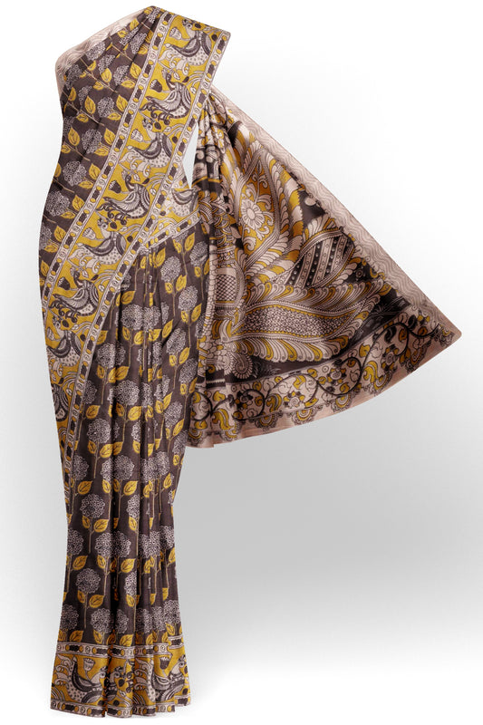 Dark Brown Kalamkari Pure Cotton Sunshine Fields Peacock Pallu Saree