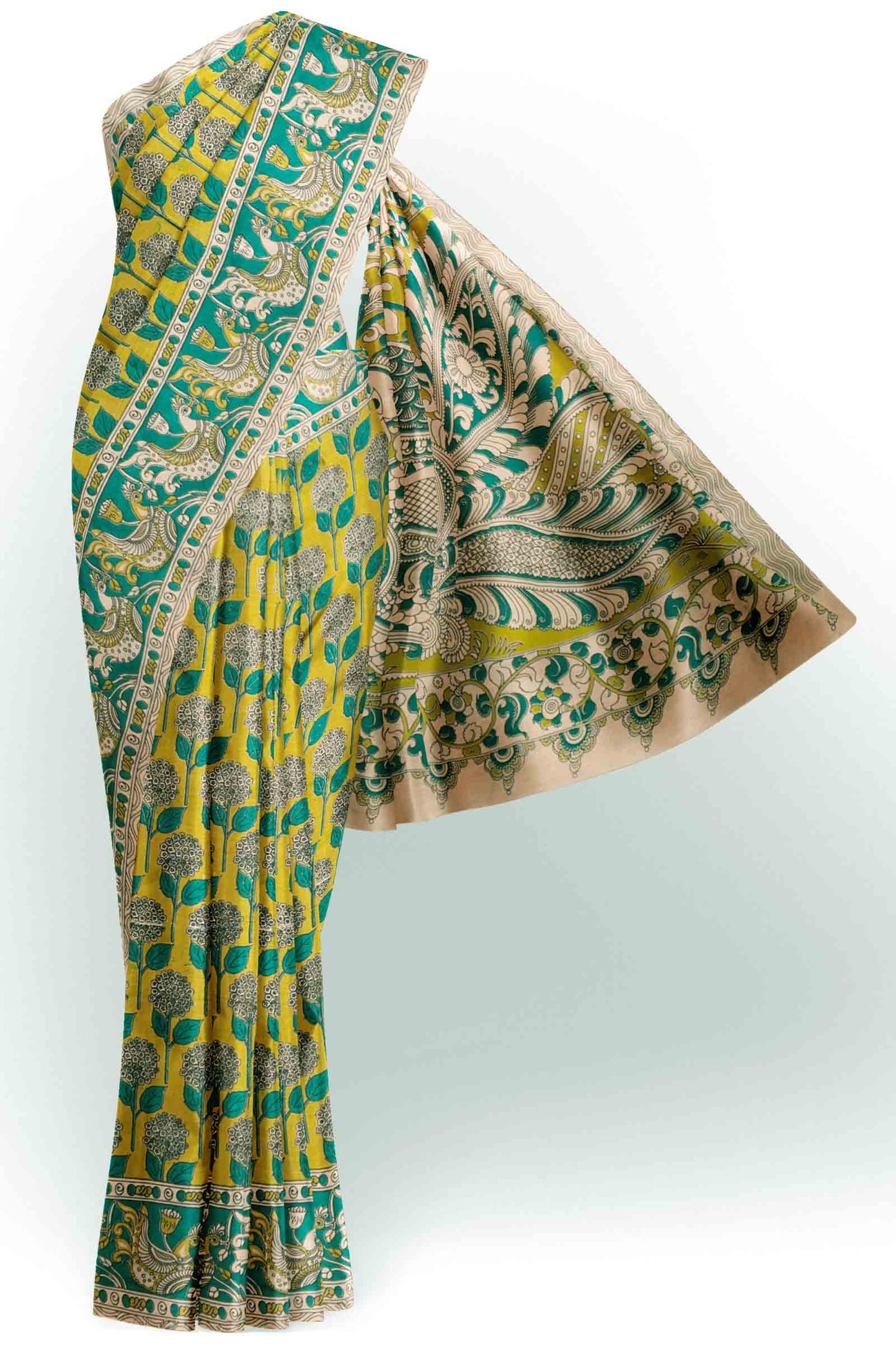 Green Kalamkari Pure Cotton Floral Print Peacock Border Saree