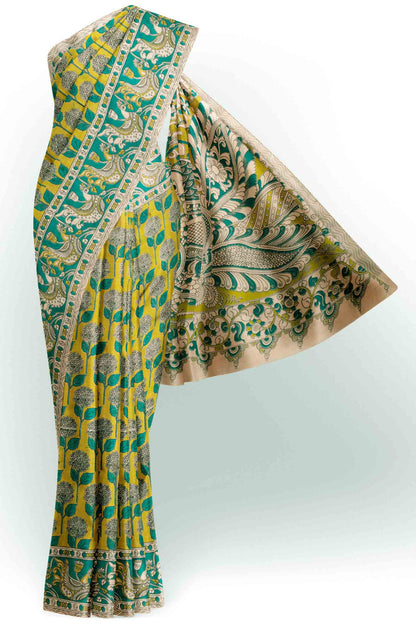Green Kalamkari Pure Cotton Floral Print Peacock Border Saree
