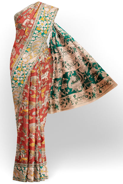 Red Kalamkari Pure Cotton Village Art Print  Saree