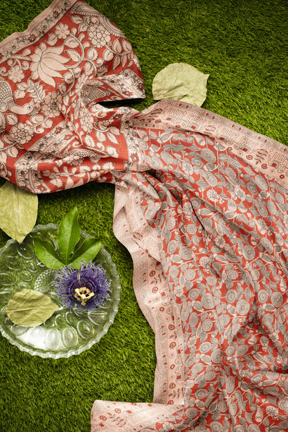 Maroon Kalamkari Pure Cotton Floral Print Peacock Pallu Saree