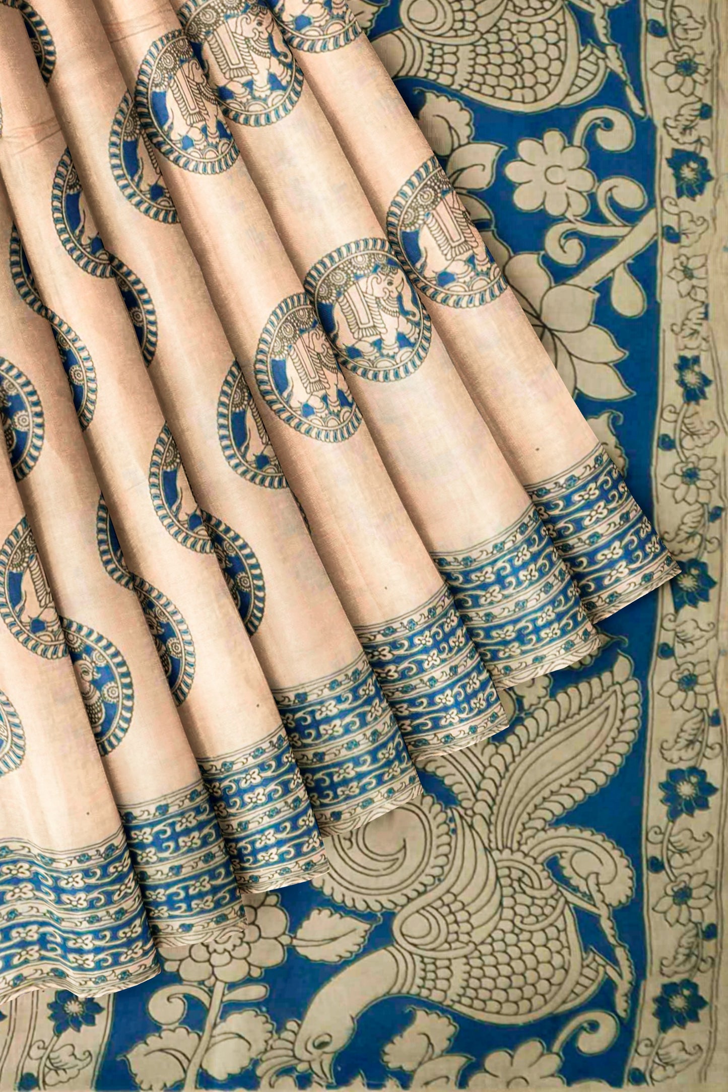 Off White Kalamkari Pure Cotton Peacock Chakra Saree