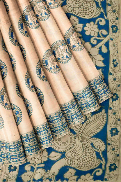 Off White Kalamkari Pure Cotton Peacock Chakra Saree