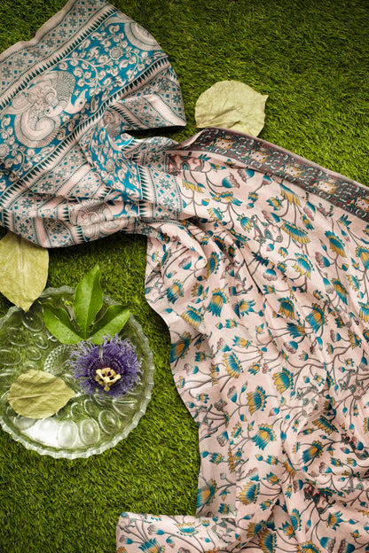 Off White Kalamkari Pure Cotton Lotus Print Peacock Pallu Saree