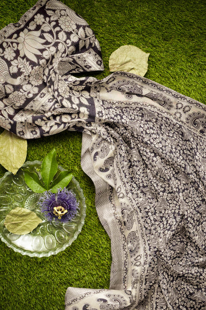 Black Kalamkari Pure Cotton Kalamkari Florals Peacock Border Pallu Saree