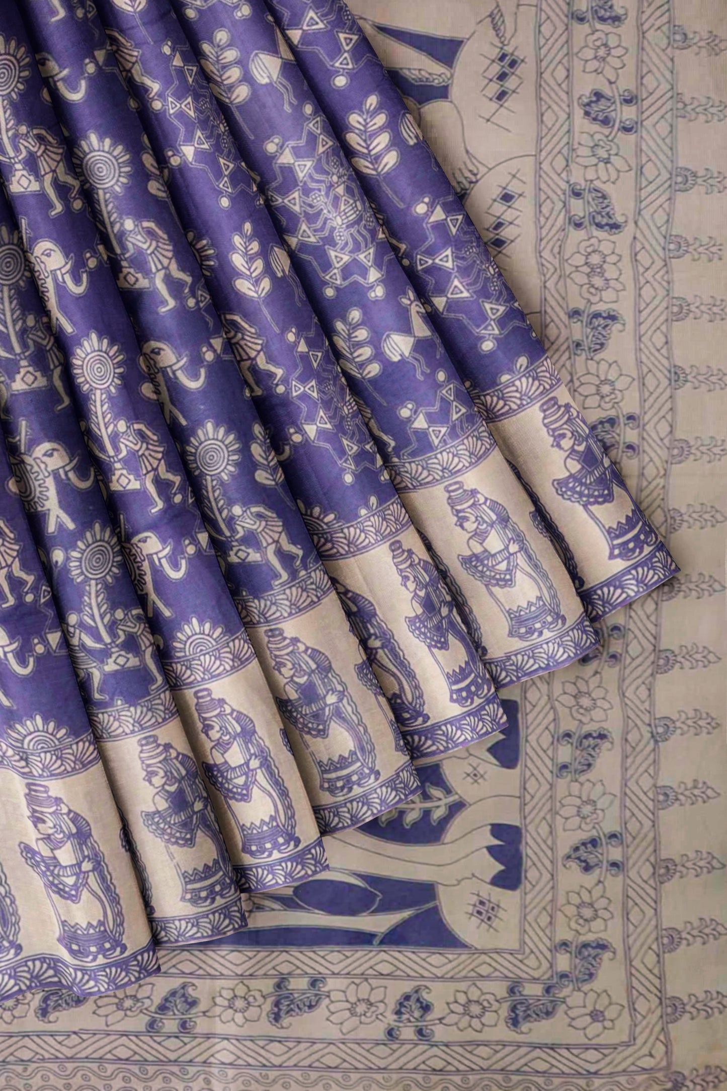 Violet Kalamkari Pure Cotton Warli Style Print  Saree