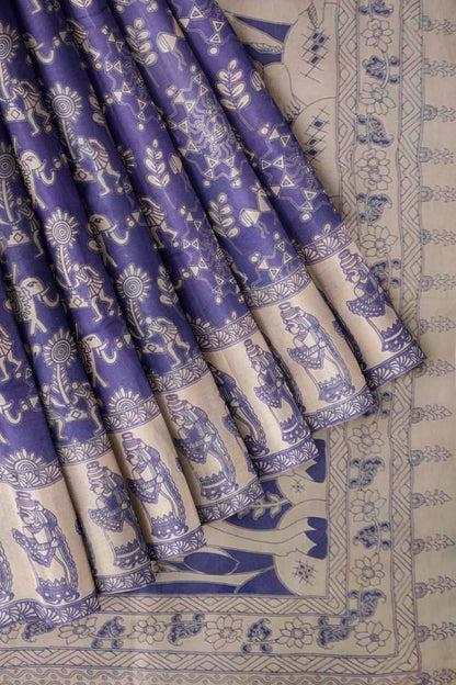 Violet Kalamkari Pure Cotton Warli Style Print  Saree