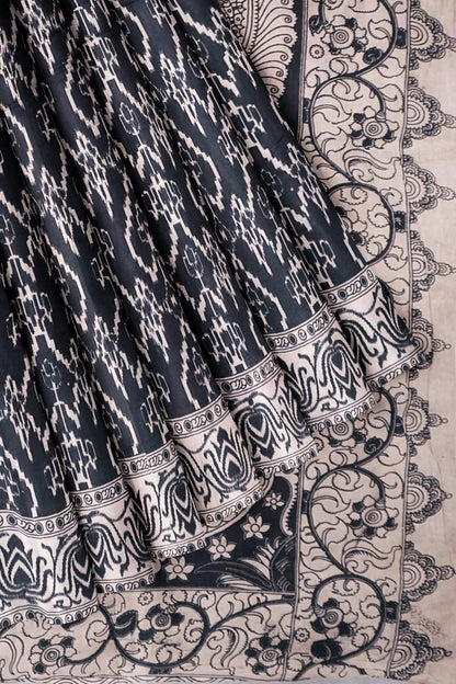 Black Kalamkari Pure Cotton Ikkat Style Print Peacock Pallu Saree