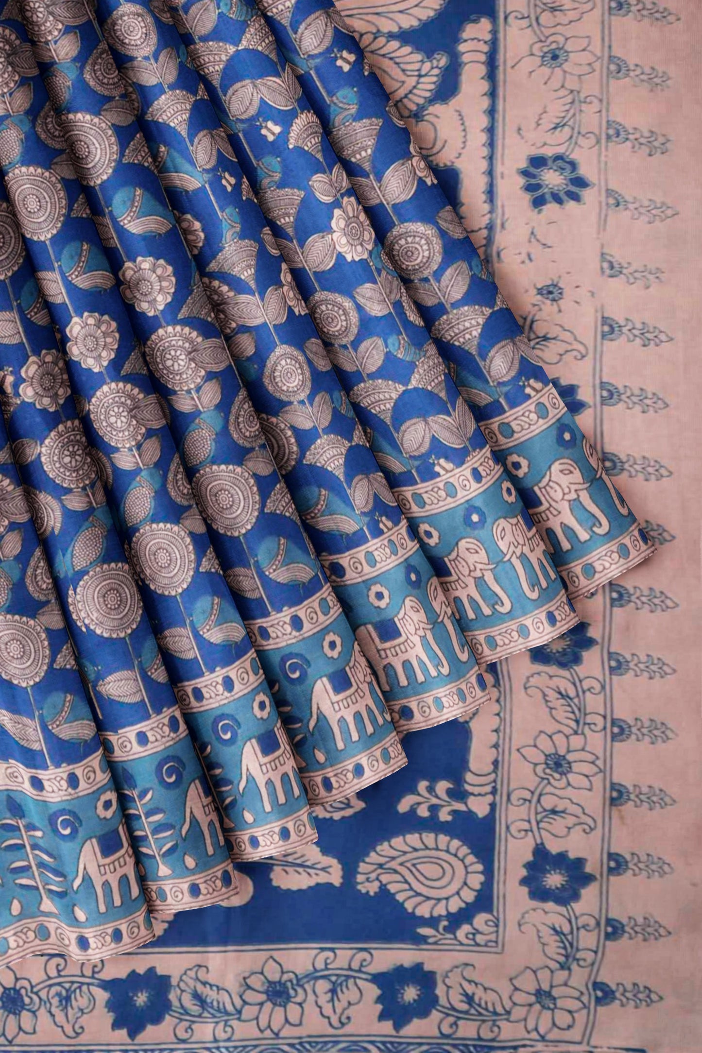Blue Kalamkari Pure Cotton Elephant Border Peacock Pallu Saree