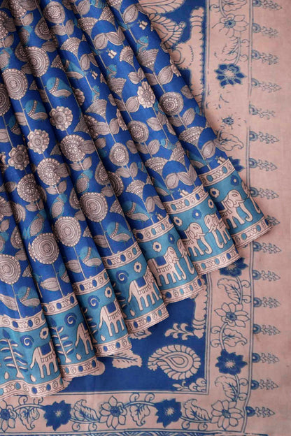 Blue Kalamkari Pure Cotton Elephant Border Peacock Pallu Saree
