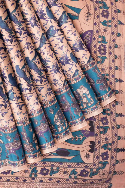 Off White Kalamkari Pure Cotton Elephant Border Ethnic Pallu Saree