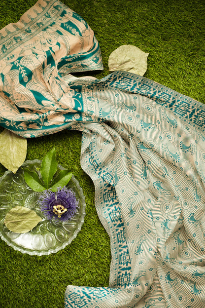 Off White Kalamkari Pure Cotton Chakra Print Vrindhavan Pallu Saree