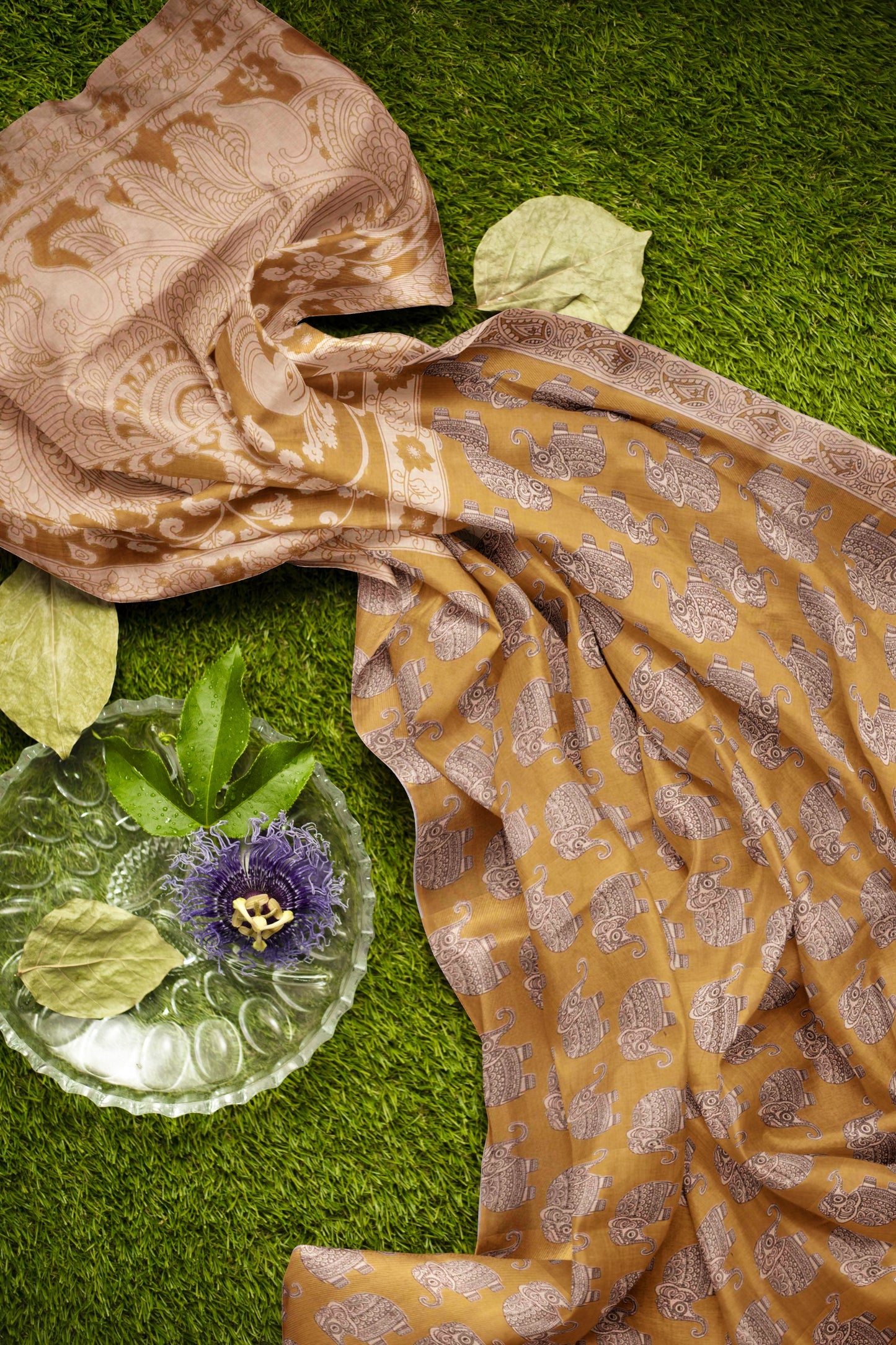 Dark Mustard Yellow Kalamkari Pure Cotton Elephant Print Peacock Pallu Saree