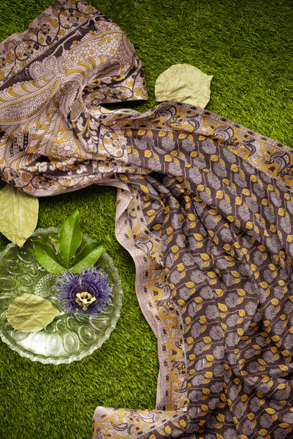 Dark Brown Kalamkari Pure Cotton Sunshine Fields Peacock Pallu Saree