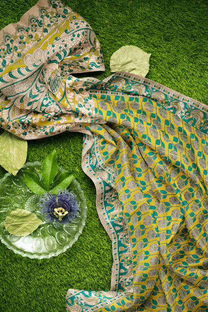 Green Kalamkari Pure Cotton Floral Print Peacock Border Saree