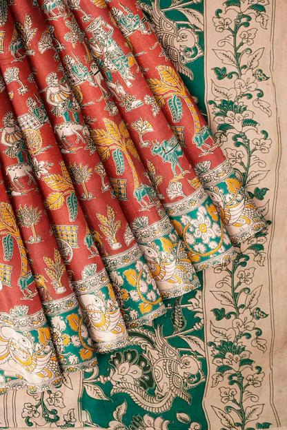 Red Kalamkari Pure Cotton Village Art Print  Saree