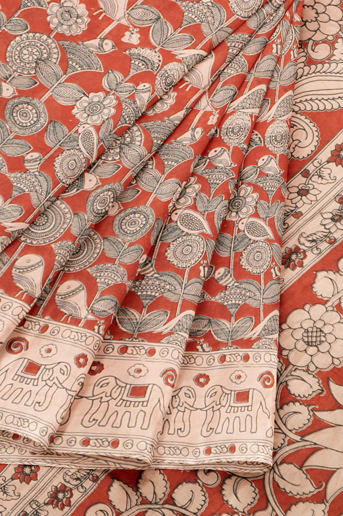 Maroon Kalamkari Pure Cotton Floral Print Peacock Pallu Saree