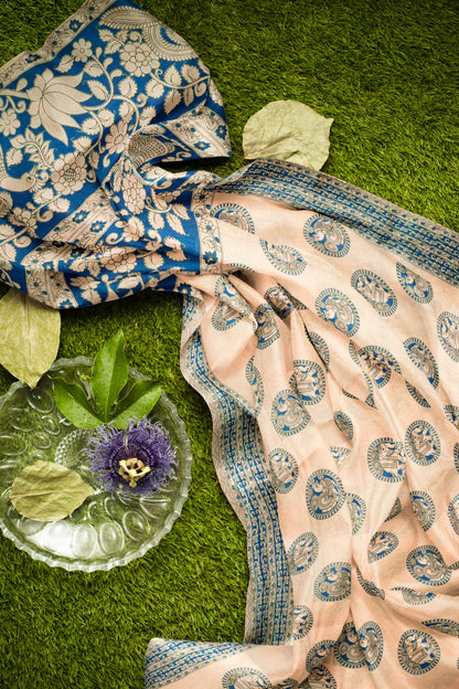 Off White Kalamkari Pure Cotton Peacock Chakra Saree